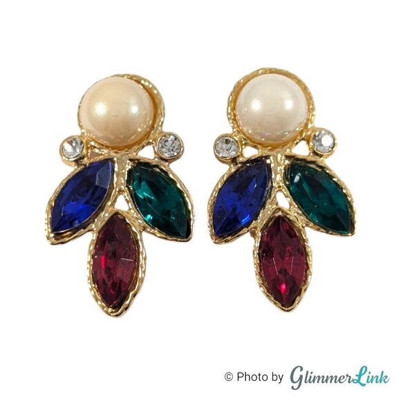VTG Large Multicolor Acrylic Rhinestones Faux Pearl Gold Tone Clip On Earrings - Picture 4 of 8